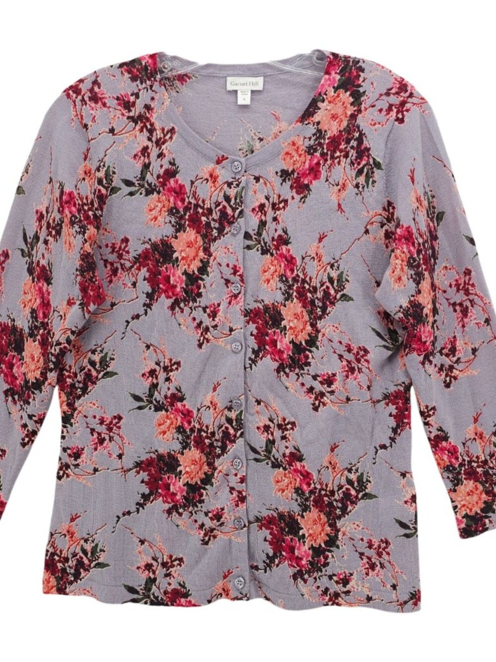 GARNET HILL 100% Merino Wool Cardigan Floral 3/4 Sleeve Size SMALL